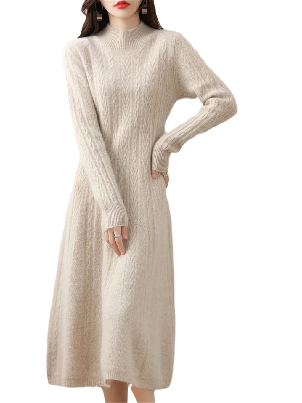 HamthuitWomen Dresses Cashmere Sweater Knitted Long Dress Wool Women Turtleneck Office Skirt Fall Winter