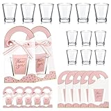 Roshtia 12 Sets Baby Shower Shot Glasses Favors, 1. 6 oz Glass Shot Glasses Baby Shower Favors for Guests with Gift Bags and Thanks Tags for Gender Reveal Wedding Party(Pink)