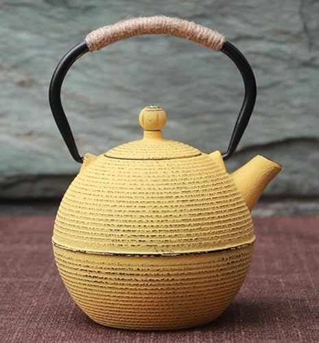 Yomixo 鉄瓶 南部鉄器 急須 鉄製 フラットポット 茶道道具 鉄分補給 鉄やかん 対応 直火可 やかん 鉄びん 伝統工芸品 (680mlイエロー)