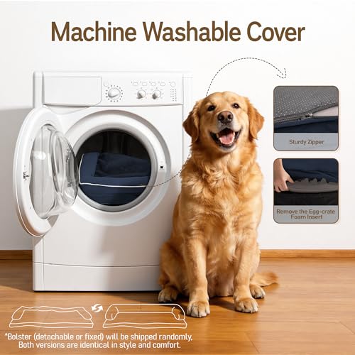 Image of Comfort Expression Washable Orthopedic Dog Bed for Extra Large Sized Dogs | Waterproof Memory Foam Pet Bed 45x35 Inch with Removable Cover with Non-Slip & Bolster, Navy Blue