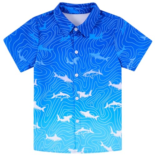 Image of uideazone Boys Button Up Shirts for Teens Size 13-14 Gradient Blue Shark Shirts Kids Aloha Holiday Casual Blouse for Beach Play Rafting Surfing Wading Sandcastle Building