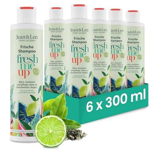 Jean & Len Champú Fresco Té Verde & Lima, para cabello normal a graso, protege contra la pérdida de humedad, cuidado equilibrante, sin parabenos ni siliconas, vegano, 6 x 300 ml