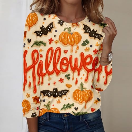 Halloween Shirts for Women Long Sleeve Plus Size Fashion Crewneck Comfortable Tshirts Halloween Costumes for Women