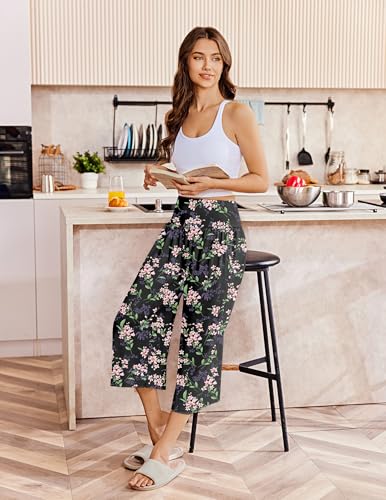 Image of Ekouaer 2 Pack Womens Pajama Pants 2026 Wide Leg Capri Yoga Pants Lounge Comfy Sleep Pj Bottoms with Pockets