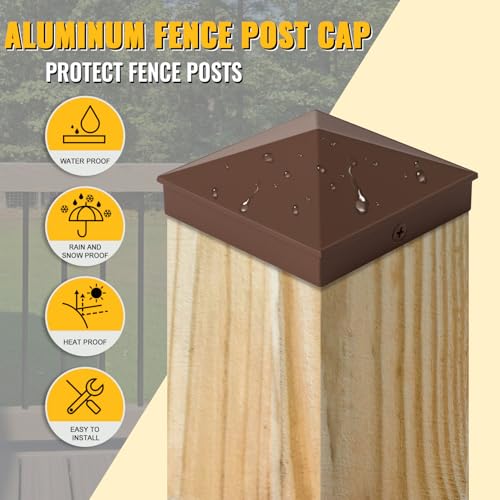 Image of VIVIDA 4x4 Aluminum Post Caps(Actual 3.5 inch x 3.5 inch), Metal Fence Post Caps with Waterproof Matte Powder Coated, for Wooden Fence, Deck, Mailbox, Patio, Screw & Driver Bit Included, Brown, 12 Pack