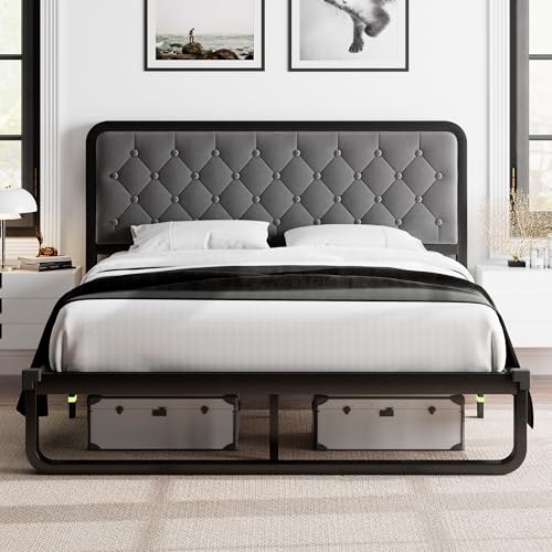 Feonase Queen Size Bed Frame, Upholstered Bed Frame with Heavy-Duty Metal Steel Slats, Diamond Tufted Headboard, 12″ Storage Space, No Box Spring Needed, Noise Free, Easy Assembly, Black and Gray