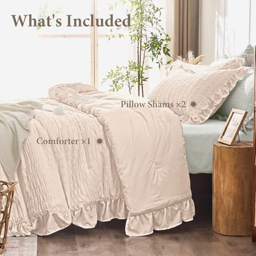 Image of JOLLYVOGUE Beige Comforter Full Size, 3 Pieces Seersucker Lightweight Full Size Bedding, All Season Fluffy Microfiber Bedding Comforter Set with 1 Ruffle Comforter and 2 Ruffle Pillowshams