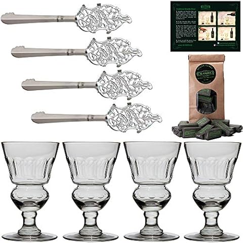 ALANDIA Premium Absinthe Spoons Glasses Set | 4x Absinthe Glasses | 4x Absinthe Spoons | 1x Absinthe Sugar Cubes | 1x Drinking instructions card for the Absinthe ritual Cover