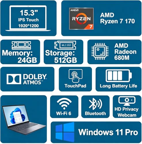 Image of Lenovo IdeaPad Slim 3 15.3 inch FHD+ Touch Business Laptop, AMD Ryzen 7 170