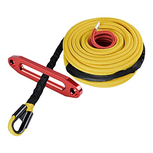 Yellow 95ft x 3/8 inch Synthetic Winch Line Cable Rope 22000LBs w/Heat and Rock Guard + Anodized Red 10