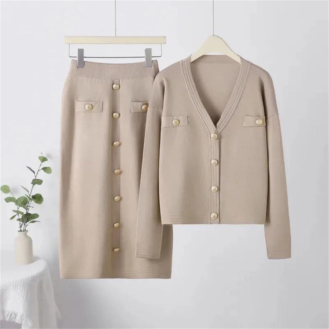 Women Set Knitted V Collar Sweater Half Skirt Two-Piece Set Dress Ladies Suit Skirt