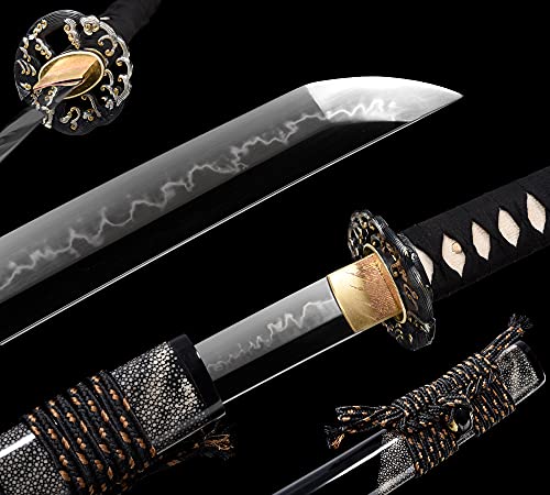 Lyuesword Full Tang Razor Sharp Battle Ready Sword Clay Tempered T10 High Carbon Steel Blade Choji Hamon Handmade Japanese Samurai Katana Sword Full Tang Real Ray Skin Saya