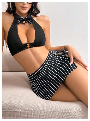 Women’s 4 Piece Striped Halter Lingerie Set Exotic Cosplay Outfit - Image 4