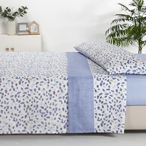 Sábanas 90x190 - Juego de Sábanas 3 Piezas - 100% Microfibra Suave y Transpirable - Sábana Bajera Ajustable, Encimera y Funda Almohada - Ropa de Cama Estampada (Harper Azul)