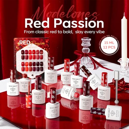 Image of modelones 12Pcs 15ML Red Gel Nail Polish Set, Same Bottle Same Bottle Burgundy Cherry Dark Red Cat Eye Glitter Color Changing Hema Free Gel Polish Kit with Magnet Soak Off Manicure Nail Art DIY