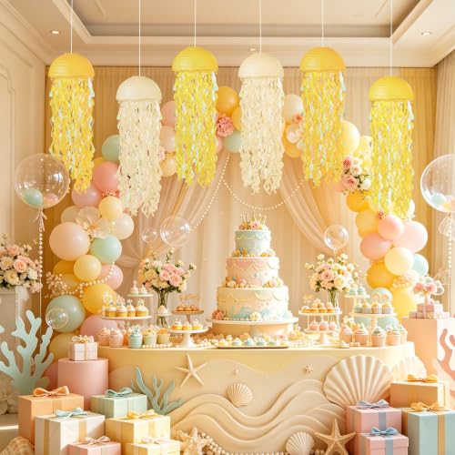Image of Jellyfish Paper Lanterns 6 Pcs Hanging Ocean Sea Party Decor | Jelly Fish Paper Lanterns for Mermaid Under The Sea, Ocean, Baby Shower and Spongebob Birthday Party Decorations