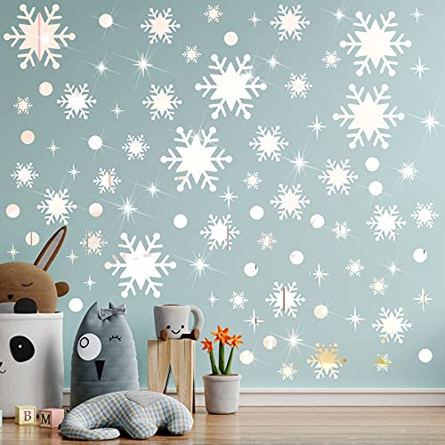 193 Pieces Snowflake Wall Decal Removable Dots Star Wall Decals Christmas Frozen Room Decor 3D Mirror Silver Mirror Acrylic Wall Stickers Peel And Stick Winter Wall Decor For Bedroom Living Room Party #TOP4