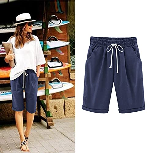 HUCHPI-Womens-Shorts-2023-Womens-Summer-Knee-Length-Casual-Cotton-Bermuda-Shorts-with-Drawstring-Jersey-Shorts-with-Pockets