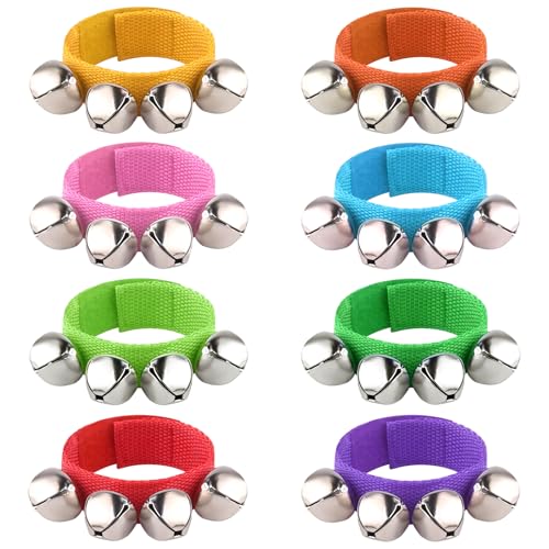 8 Pcs Colored Jingle Bells Wrist Band Bell Percussion Instruments PLULON Bracelet Percussion Instruments Musical Rhythm Band for Winter Party Decoration Favors Music Festival
