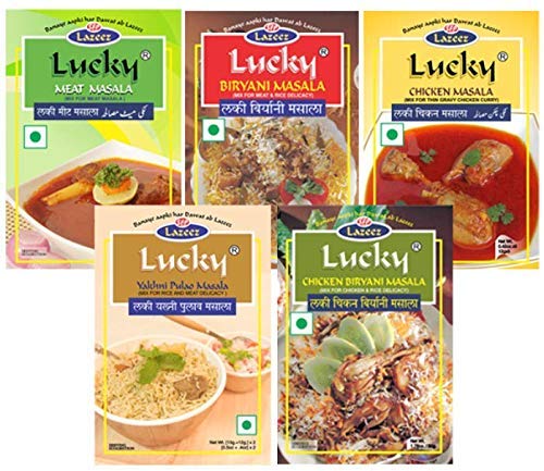 Lucky Masale Rice And Curry Combo Pack 1.7 oz., Pulao, Biryani Masala, Chicken Biryani Masala, Meat Masala, Chicken Masala