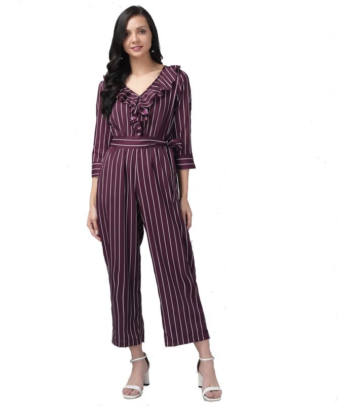 Party Jumpsuit for Women Crepe | Quarter Sleeves V-Neck Stylish One Piece Side Pockets Outfit-image-18