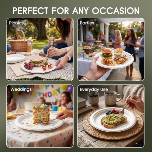 Image of Bonkaso 10 Inch, Pack of 100 Bagasse Disposable Round Plates (White)| Eco-Friendly Sugarcane Paper Plates | Biodegradable, Compostable & Sturdy | Ideal for Snacks, Desserts, Parties, Weddings & Events