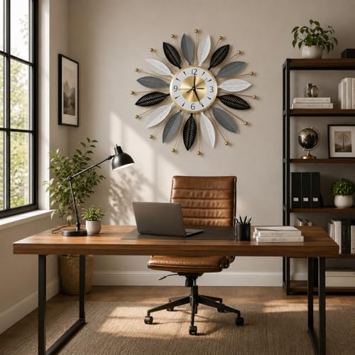 Image of FUNTEREST Large Metal Decorative Wall Clock for Living Room | Luxury Sunburst Leaf Design Wall Clock | Multicolor Vintage Finish | Silent Quartz Movement | Home, Bedroom & Office Wall Decor (55X55)