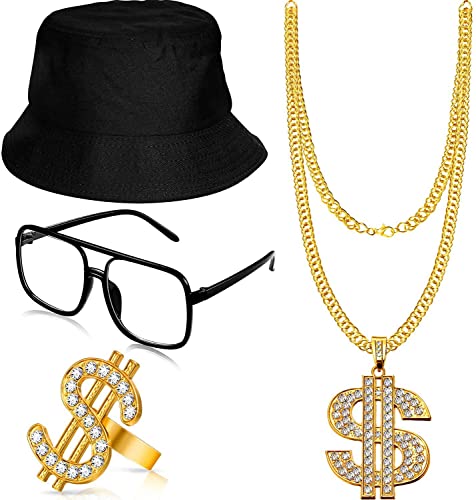 HPMAISON Kit de déguisement Hip Hop Punk Cosplay années 80/90 Collier Rapper Frame et Anneaux Chapeau Bob Chaîne Dorée Disco Outfit pour hommes femmes déguisements accessoires de fête Halloween Cover