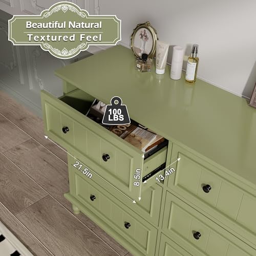 Image of Green 6 Drawer Dresser, Vintage Chest of Drawers, 47.2'' Bedroom Cabinet | Large Capacity, Farmhouse Dresser for Closet, Wood Storage Cabinet, Antique Roman Column Legs, Painted Finish, Easy Assembly