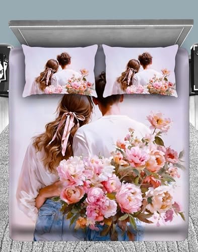 Image of 7D Printed Bedsheet King Size Romantic Couple - 90x100 Inch with 2 Pillow Covers | Glace Cotton | Soft Breathable | Premium Bed Sheet | 240TC