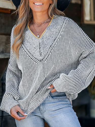 Image of CUPSHE Womens Sweaters Oversized Sweater Loose Fit Long Sleeve Sweater V Neck Striped Pullover Sweater Tops