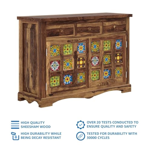 Image of SHIKHA WOOD CRAFT Solid Sheesham Wood Sideboard Cabinet with 2 Doors and 3 Drawers Storage | Wooden Kitchen Cabinet, Crockery Unit, Dining Room Organizer, Living Room Storage Furniture (Honey Finish)
