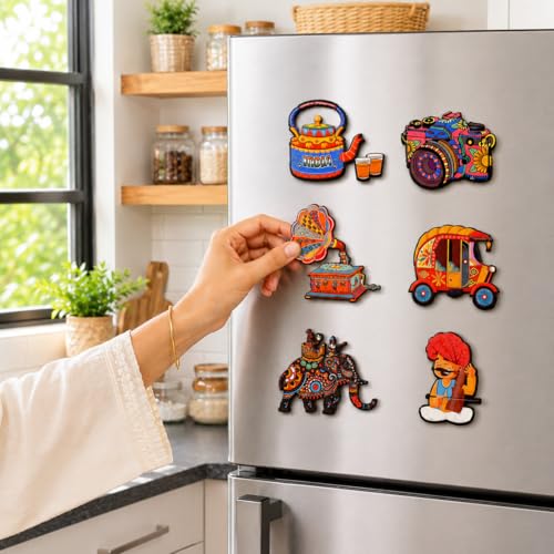 Image of GKD Indian Culture Wooden Fridge Magnet | Traditional & Heritage-Themed Refrigerator Magnet | Souvenir & Home Decor | Gift for India Lovers Pack of 6