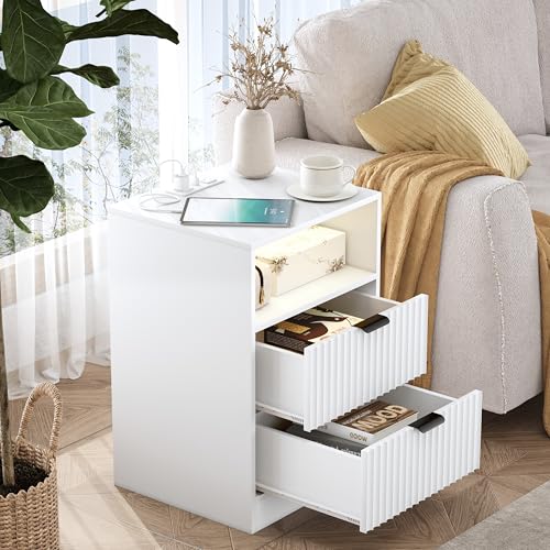 Image of Wodeer Fluted Nightstand Set of 2, LED Nightstand with Charging Station, Wood Nightstands with 2 Drawers & Metal Handles, Modern Bedside Table & End Tables, Farmhouse Night Stands for Bedroom, White