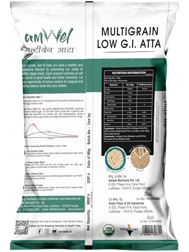Image of Amwel Multigrain Low GI Atta 5kg | Blend of 9 Grains & Millets | High Fiber, Protein Rich Wheat Flour | Low Glycemic Index Atta for Diabetic Friendly Diet | Healthy Everyday Chapati Flour