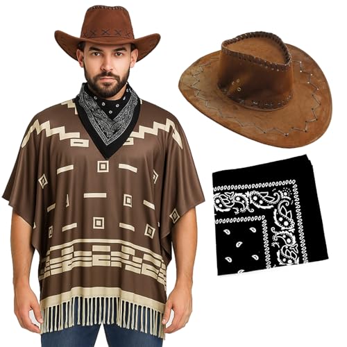 Costume de cowboy pour adulte – Poncho marron foncé avec franges à pompons, chapeau de cowboy en velours marron, bandana cachemire noir – Déguisement western pour homme