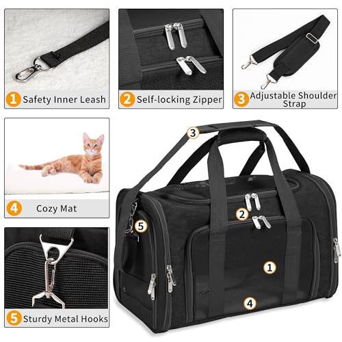 Soft-Sided Cat/Dog/Pet Carrier, Collapsible Pets Travel Carriers for Big Cats/Small Dogs with Shoulder Strap & Removable Mat, Mesh Puppy Carry Bag, Up to 16 Lbs, TSA Airline Approved(Black) - Image 5