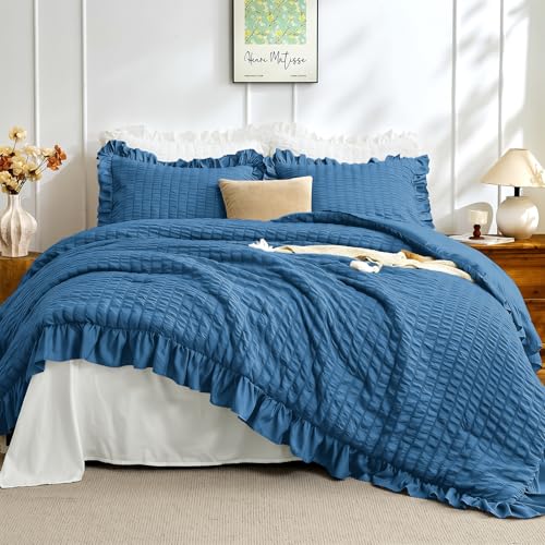 Image of JOLLYVOGUE Teal Comforter Full Size, 3 Pieces Seersucker Lightweight Full Size Bedding, All Season Fluffy Microfiber Bedding Comforter Set with 1 Ruffle Comforter and 2 Ruffle Pillowshams
