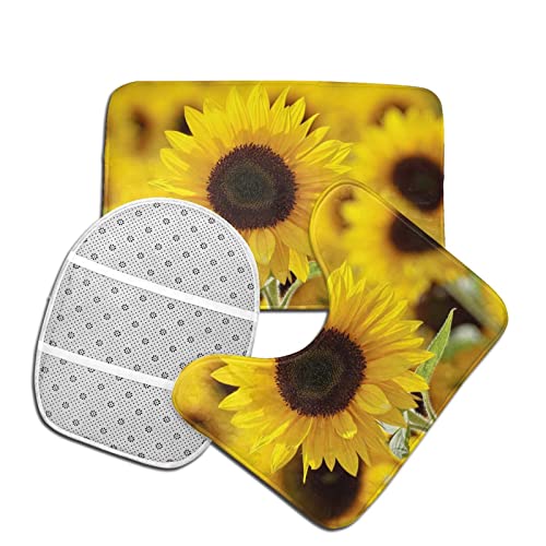 UBINYSS Badematte + Konturmatte + Toilettendeckelbezug, schöne Sonnenblumen 3 Stück Badematte Set, mit rutschfester Klebeunterseite – Bild 5