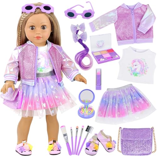 American 18 Inch Doll Clothes & Makeup Accessories Gift Set Includes Dress Makeup Brush Shoes Bag Haircomb Eyeshadow Lipstick Wig Hairpin Sunglasses (Doll Not Included)