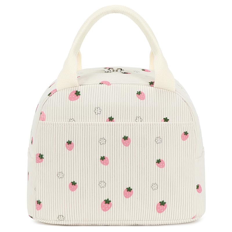 TYHOTULY Corduroy Insulated Lunch Bags for Women Lightweight Reusable Large Capacity Handheld Cooler Tote Bag with Pockets Cute Floral Lunch Box for Travel Work Picnic (Strawberry Pink)