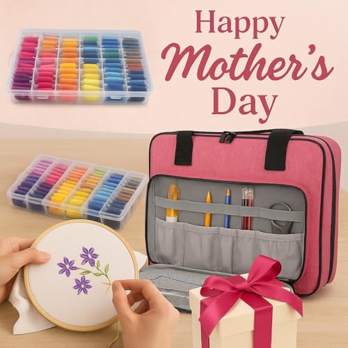Image of ATTERET Full Range Embroidery and Cross Stitch Starter Kit with Premium Storage Organizer Bag, Includes 99 DMC Coded Cotton Threads, 9 Metallic Floss, 3 Hoops, Needles, Scissors + More (Pink)