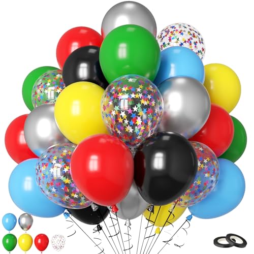 Image of Multicolor Balloons, 60Pcs Red Yellow Blue Balloon, 12 Inch Latex Colorful Metallic Silver Green Black Red Blue Yellow Confetti Balloons Helium for Baby Shower Kids Birthday Wedding Party Decorations