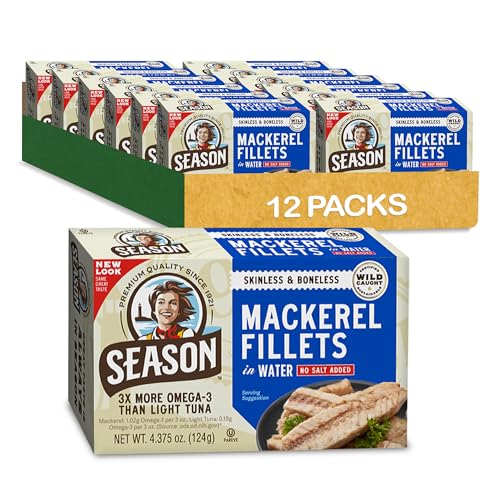 Season Mackerel in Water - Skinless & Boneless, No Salt Added, Wild Caught, Keto Snacks, Canned Mackerel Fillets, Full of Vitamins, Low in Mercury, Kosher, Non-GMO, 20g of Protein - 4.37 Oz, 12-Pack