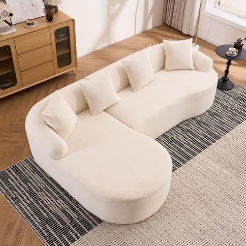 Yihomfy Canapé d'angle Incurvé de 327 cm avec Méridienne pour Salon, Canapé Modulaire 5 Places en Chenille,Aucun Assemblage Requis (Blanc-022)