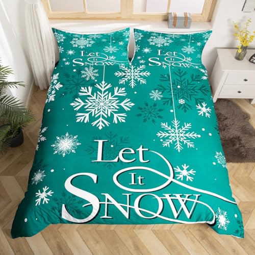 Teal Snowflake Duvet Cover Queen Size,Geometric Snowflakes Comforter Cover with 2 Pillowcase for Teens,Cold Winter Bedding Set,Merry Christmas Breathable 3 Pcs Decorative Bed Cover(No Comforter)