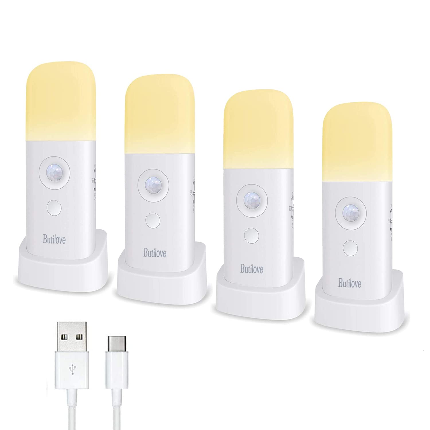 Luz nocturna con sensor de movimiento [Pack de 4], recargable, portátil, con cable USB, aplique de pared inalámbrico con encendido y apagado automático para armario, cocina, escalera, dormitorio