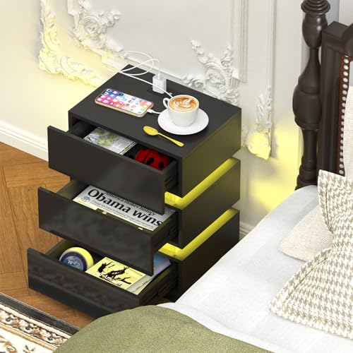 Mesita de Noche Negra Brillante, Mesillas de Noche Dormitorio con Luz Led, Mesa de Noche Modernacon Estación de Carga, Puertos USB, 3 Cajón, 1X Mesitas de Noche de Alto Brillo de Madera 45x35x62cm