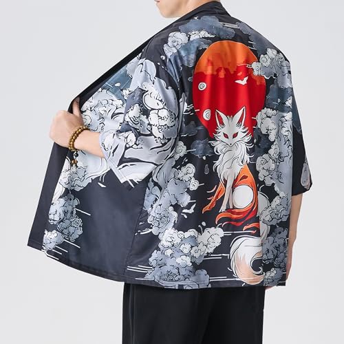Image of Men's Japanese Kimono Robe Jacket Lightweight 3 /4 Sleeve Open Front Yukata | Silky Smooth Fashion Print Happi Coat Lightweight Breathable Loose Unisex Haori Casual Summer Cardigan Daily Beach Vacation
