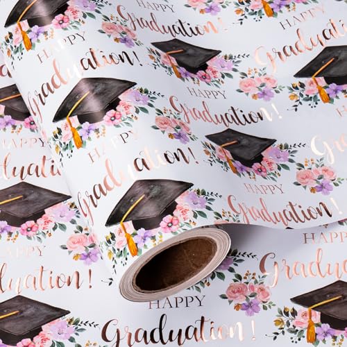 WRAPAHOLIC Graduation Wrapping Paper - Mini Roll - 17 Inch x 16.5 Feet - Happy Graduation and Elegant Floral Wrapping Paper for Class of 2026 High School & College Gifts